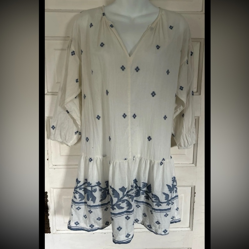 Madewell Cotton/Gauze Dress, Off White w/Blue Flowers. Size XS